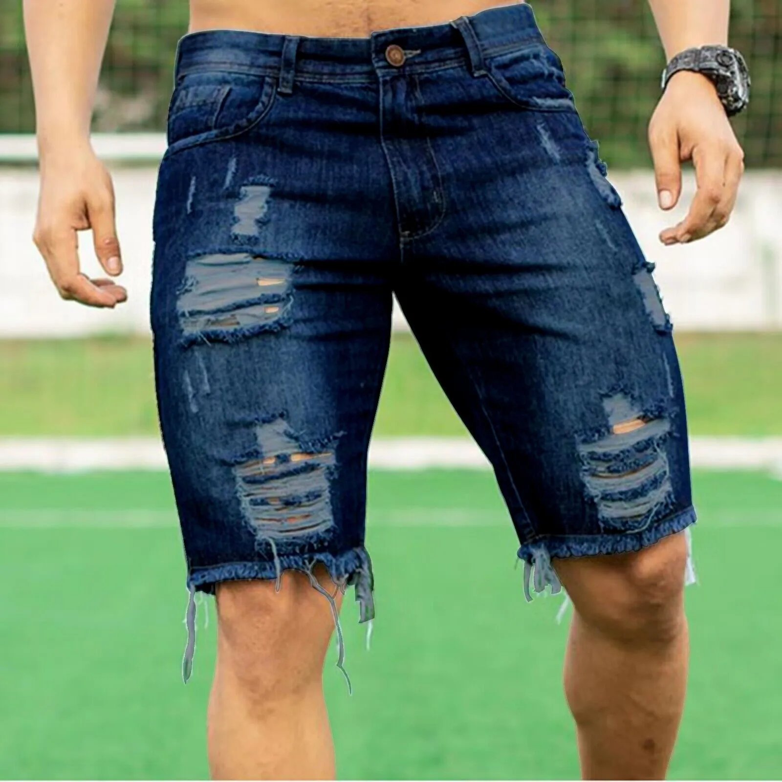 2024 Summer Denim Shorts For Men Loose Fit Hip Hop Distressed Ripped Wide Leg Men's Cropped Pants Short Jeans Oversize