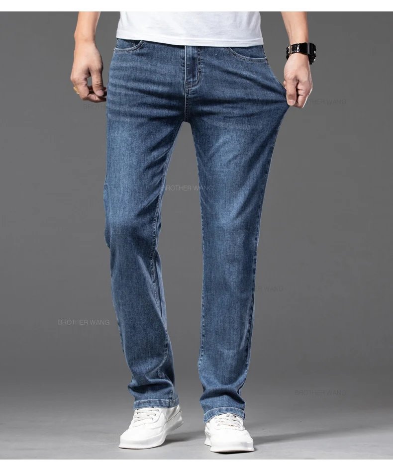 2024 Summer New Men's Thin Jeans Elastic Waist Loose Straight Comfortable Casual Denim Pants Brand Trousers Plus Size 42 44 46