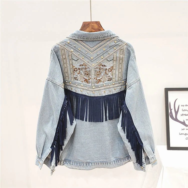 Denim Jacket Korean Floral Embroidery Suede Fringe Loose Chaquetas Mujer Coat Long Sleeve Outerwear Women Veste Femme
