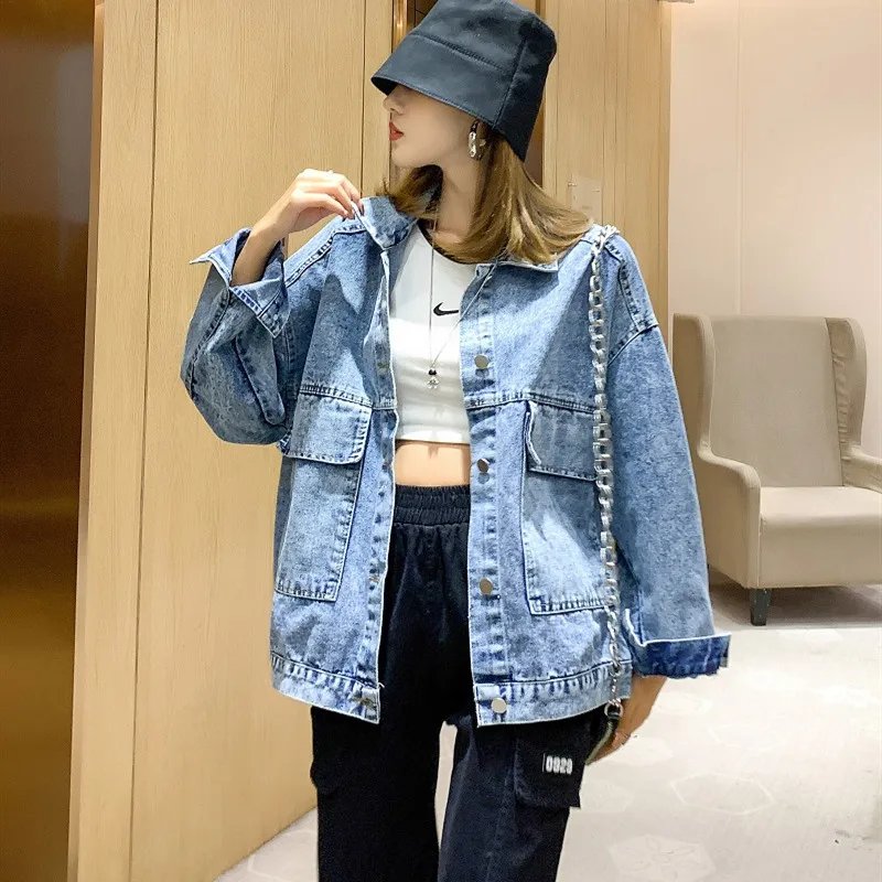 2022 Spring Autumn Long Sleeve Embroidered Sequin Cartoon Oversized Denim Jacket Women Loose Mid-Length Fashionable Jeans Coat