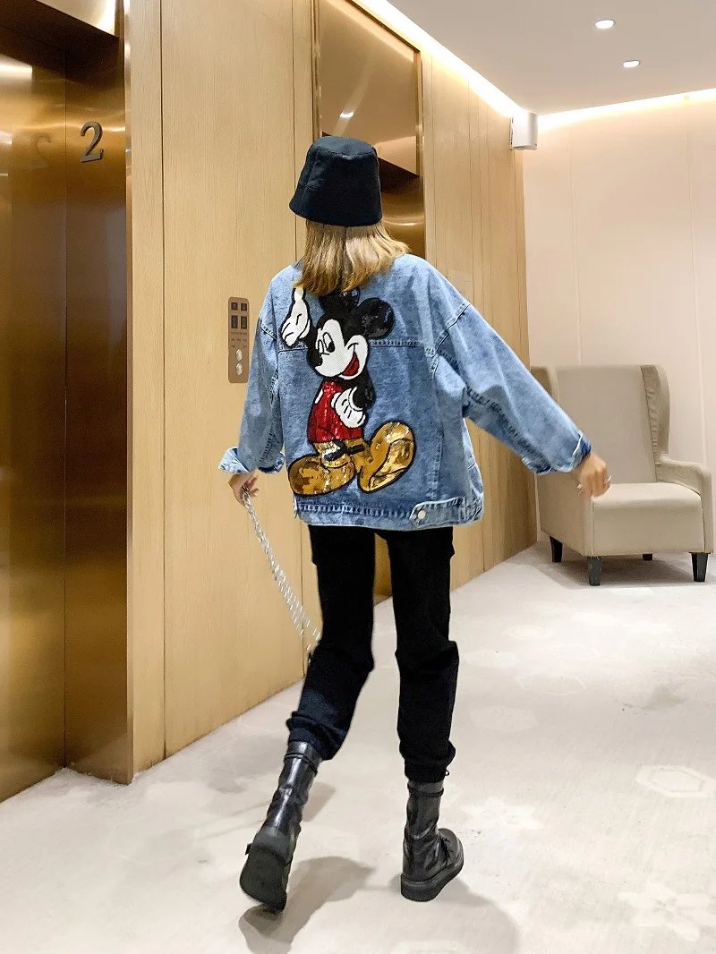 2022 Spring Autumn Long Sleeve Embroidered Sequin Cartoon Oversized Denim Jacket Women Loose Mid-Length Fashionable Jeans Coat