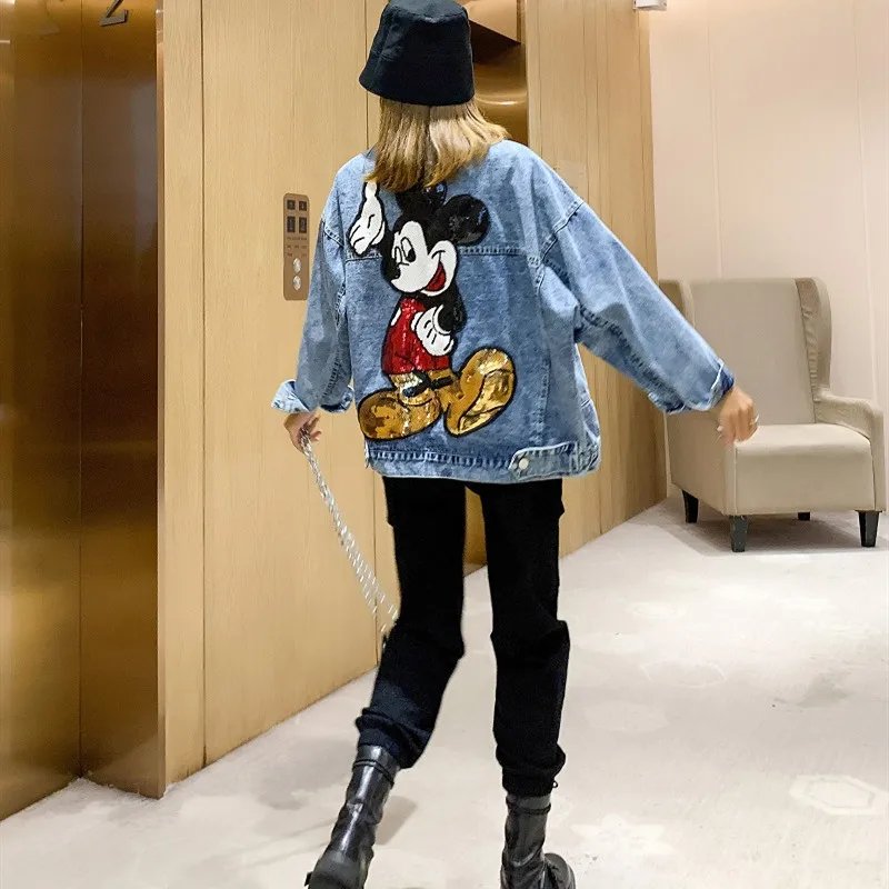 2022 Spring Autumn Long Sleeve Embroidered Sequin Cartoon Oversized Denim Jacket Women Loose Mid-Length Fashionable Jeans Coat