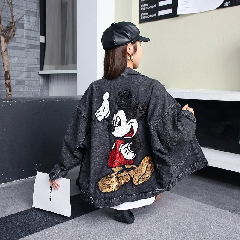 2022 Spring Autumn Long Sleeve Embroidered Sequin Cartoon Oversized Denim Jacket Women Loose Mid-Length Fashionable Jeans Coat