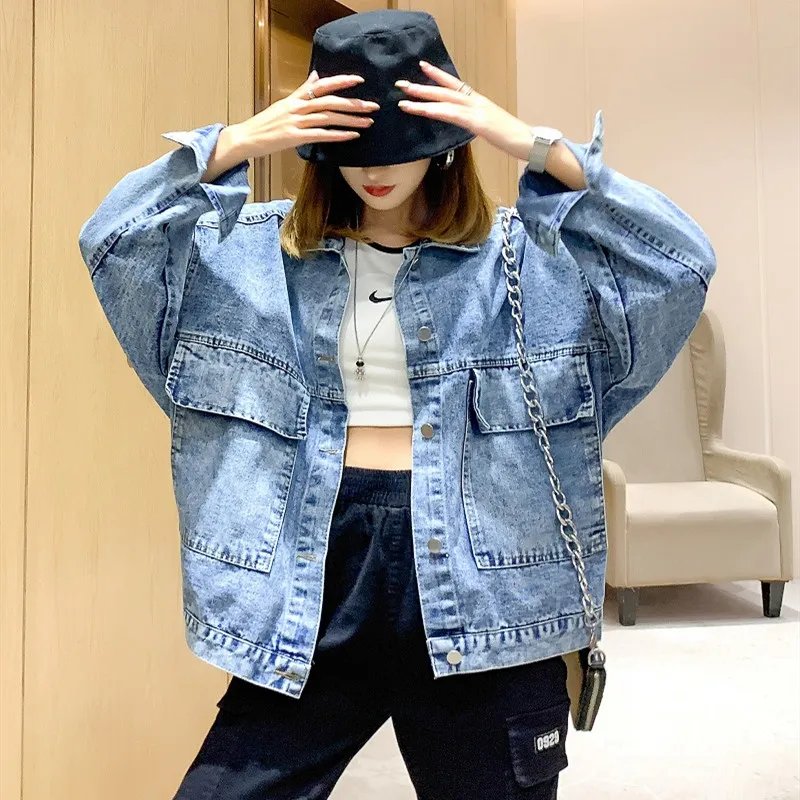 2022 Spring Autumn Long Sleeve Embroidered Sequin Cartoon Oversized Denim Jacket Women Loose Mid-Length Fashionable Jeans Coat
