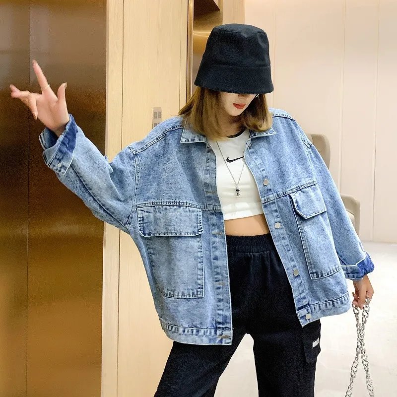 2022 Spring Autumn Long Sleeve Embroidered Sequin Cartoon Oversized Denim Jacket Women Loose Mid-Length Fashionable Jeans Coat