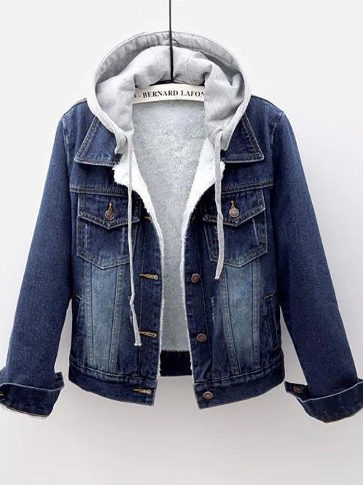 Fleece Warm Winter Jean Jacket Female Pockets Button Soft Hooded Warm Outerwear Fashion Slim Denim Coats For Women