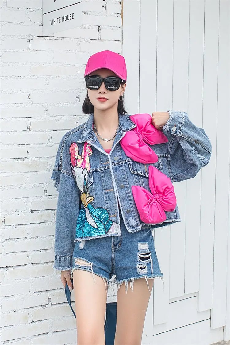 2023 New Women Coat Cartoon Sticker Embroidered Sequin Short Denim Jacket Loose Bowknot Top