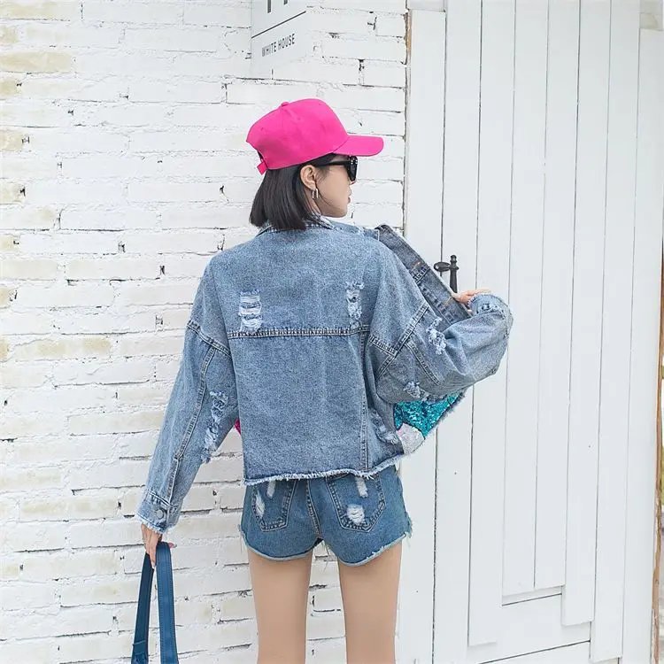 2023 New Women Coat Cartoon Sticker Embroidered Sequin Short Denim Jacket Loose Bowknot Top