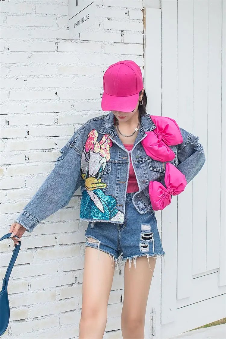 2023 New Women Coat Cartoon Sticker Embroidered Sequin Short Denim Jacket Loose Bowknot Top