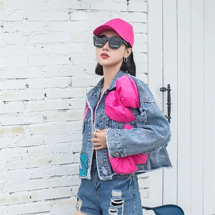 2023 New Women Coat Cartoon Sticker Embroidered Sequin Short Denim Jacket Loose Bowknot Top