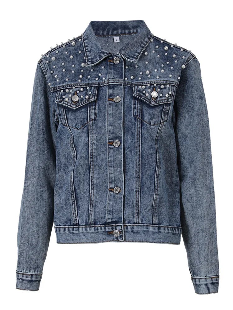 DEAT Fast Delivery New Autumn Fashion Women’s Denim Jacket Full Sleeve Loose Button Pearls Short Lapel Wild Casual 2024 AP446