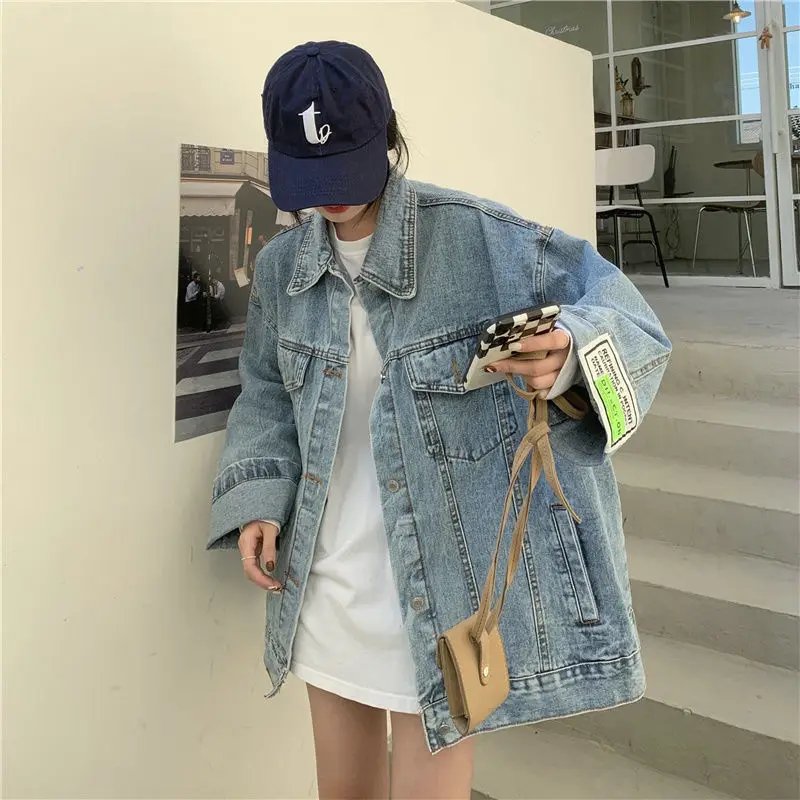 Denim Jacket for Women 2024 Loose Single Breasted Turn Down Collar Long Sleeve Jacket Casual Vintage Female Loose BF Jean Coat