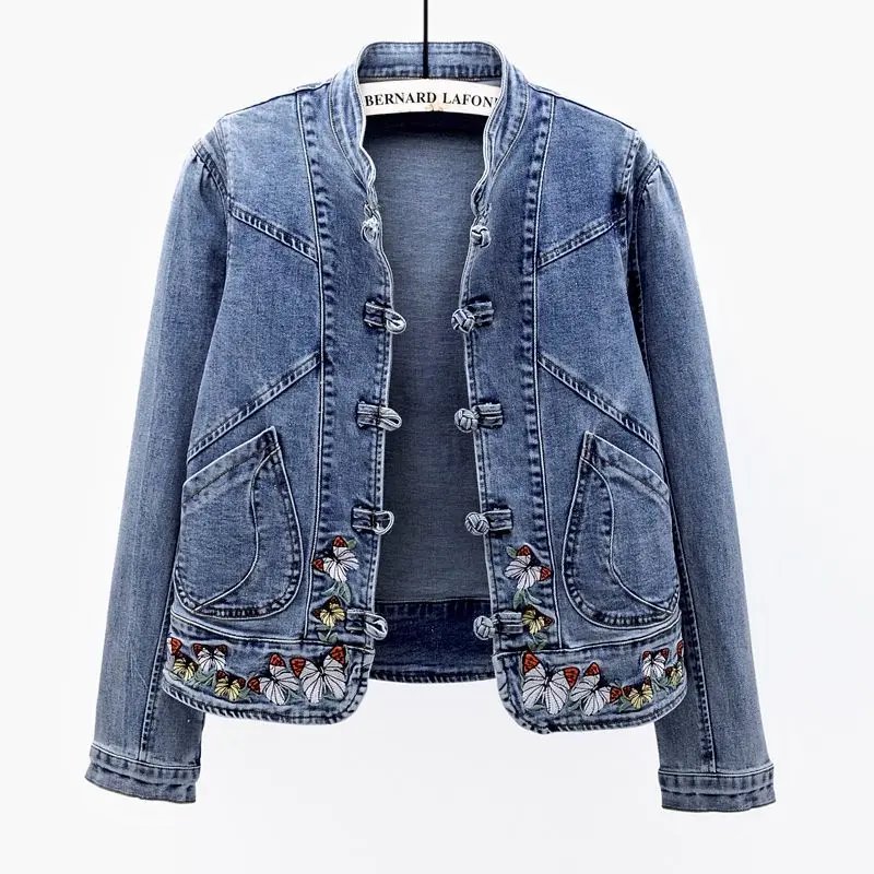 Short Denim Jacket Vintage Chinoiserie Embroidered Stretch Jacket Women's Spring and Autumn All Match Fashion Harajuku Slim Tops