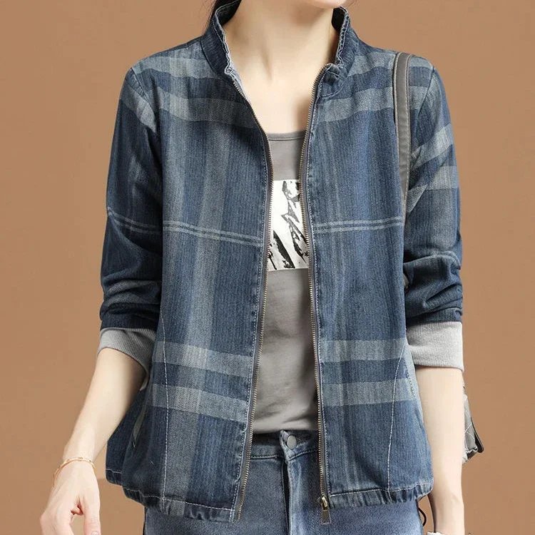 Check Spring Autumn Crop Graphic Woman Jean Coat Denim Jacket for Women Stand Collar Blue with Print Short Small Outerwear Deals