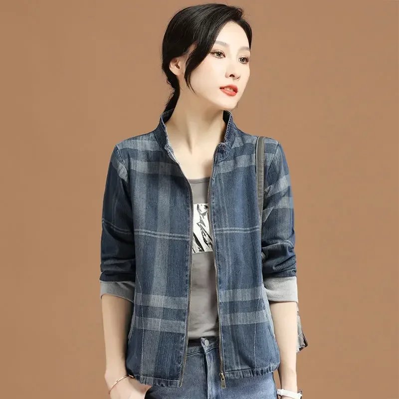 Check Spring Autumn Crop Graphic Woman Jean Coat Denim Jacket for Women Stand Collar Blue with Print Short Small Outerwear Deals