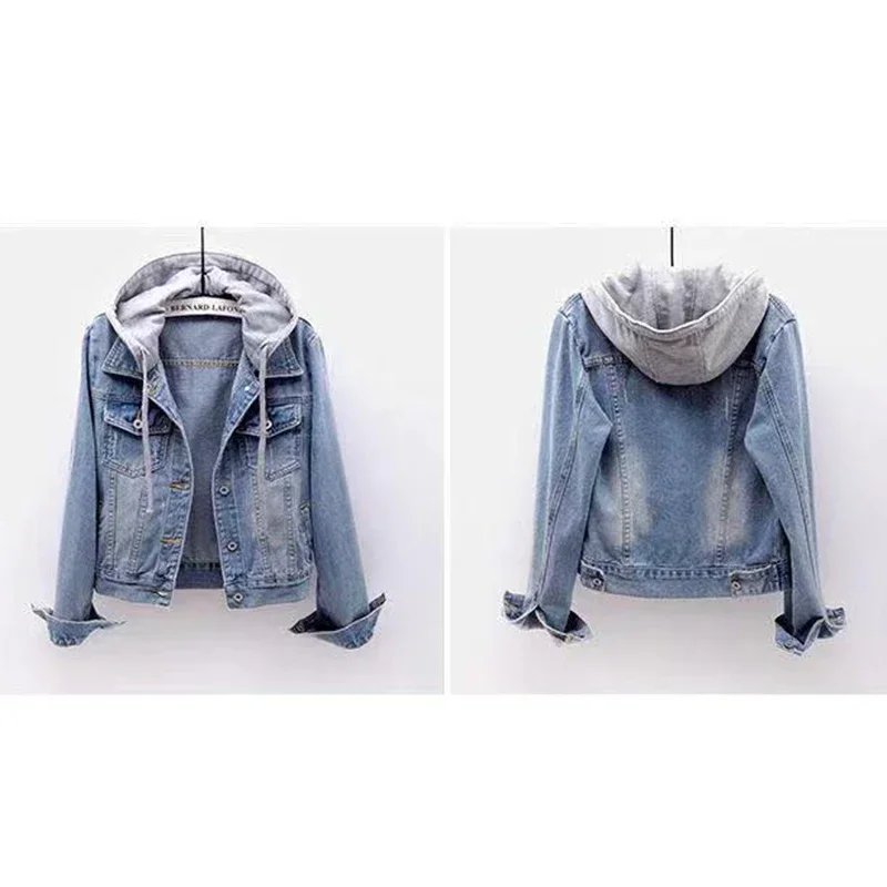 Denim Jacket Woman Hooded Short Style Clothing Retro Topcoat Pocket Buttons Long Sleeved Loose Fitting Spring Winter Plus Size