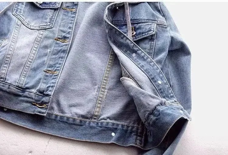 Denim Jacket Woman Hooded Short Style Clothing Retro Topcoat Pocket Buttons Long Sleeved Loose Fitting Spring Winter Plus Size