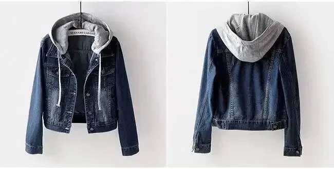 Denim Jacket Woman Hooded Short Style Clothing Retro Topcoat Pocket Buttons Long Sleeved Loose Fitting Spring Winter Plus Size