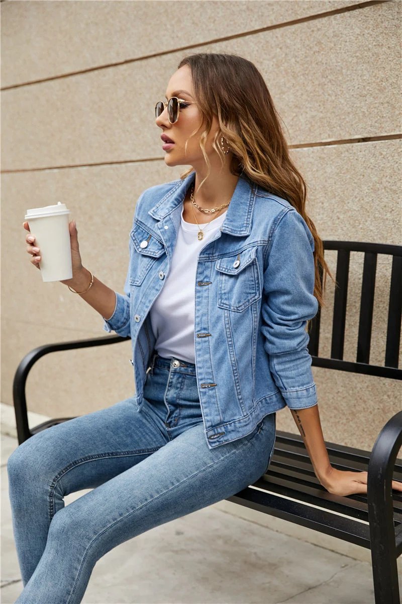 2023 Women Short Denim Jackets Fashion Female Casual Long Sleeve Lapel Solid Button Pocket Slim Jean Jacket Fall Winter Coat