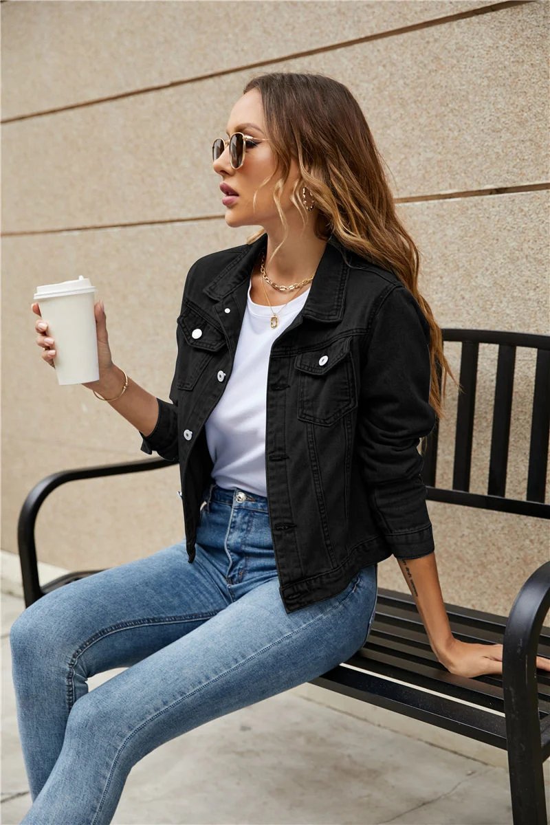 2023 Women Short Denim Jackets Fashion Female Casual Long Sleeve Lapel Solid Button Pocket Slim Jean Jacket Fall Winter Coat