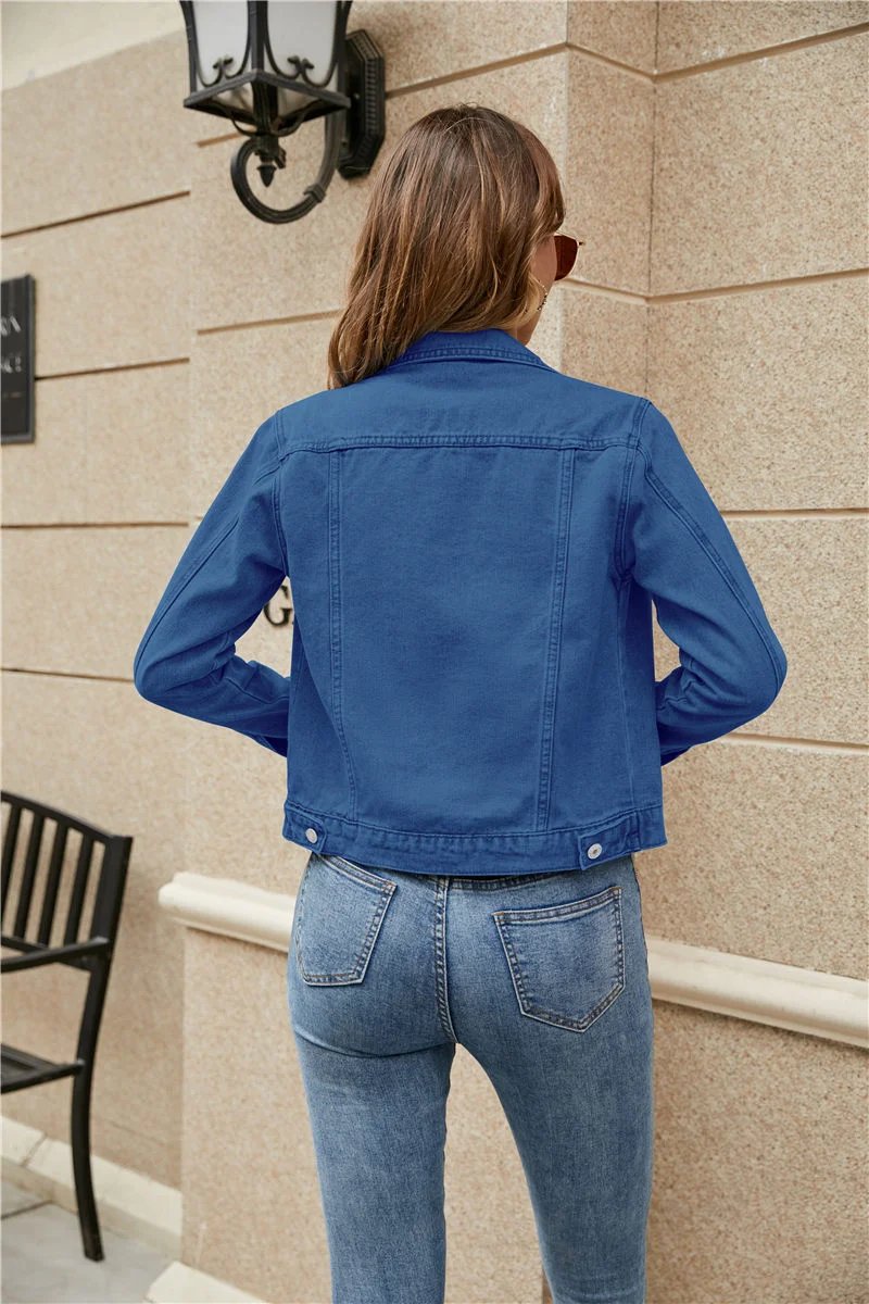 2023 Women Short Denim Jackets Fashion Female Casual Long Sleeve Lapel Solid Button Pocket Slim Jean Jacket Fall Winter Coat