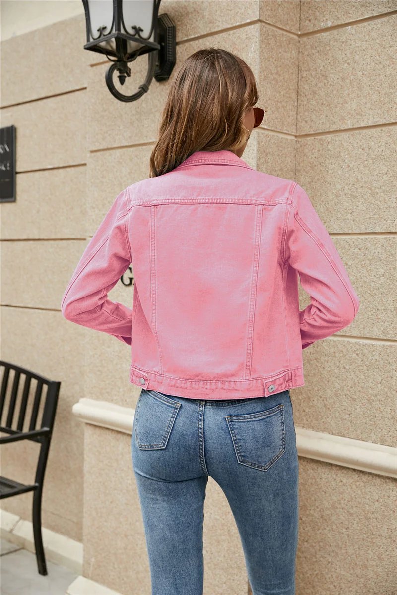 2023 Women Short Denim Jackets Fashion Female Casual Long Sleeve Lapel Solid Button Pocket Slim Jean Jacket Fall Winter Coat