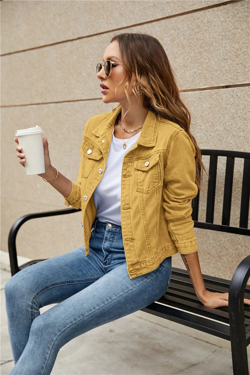 2023 Women Short Denim Jackets Fashion Female Casual Long Sleeve Lapel Solid Button Pocket Slim Jean Jacket Fall Winter Coat