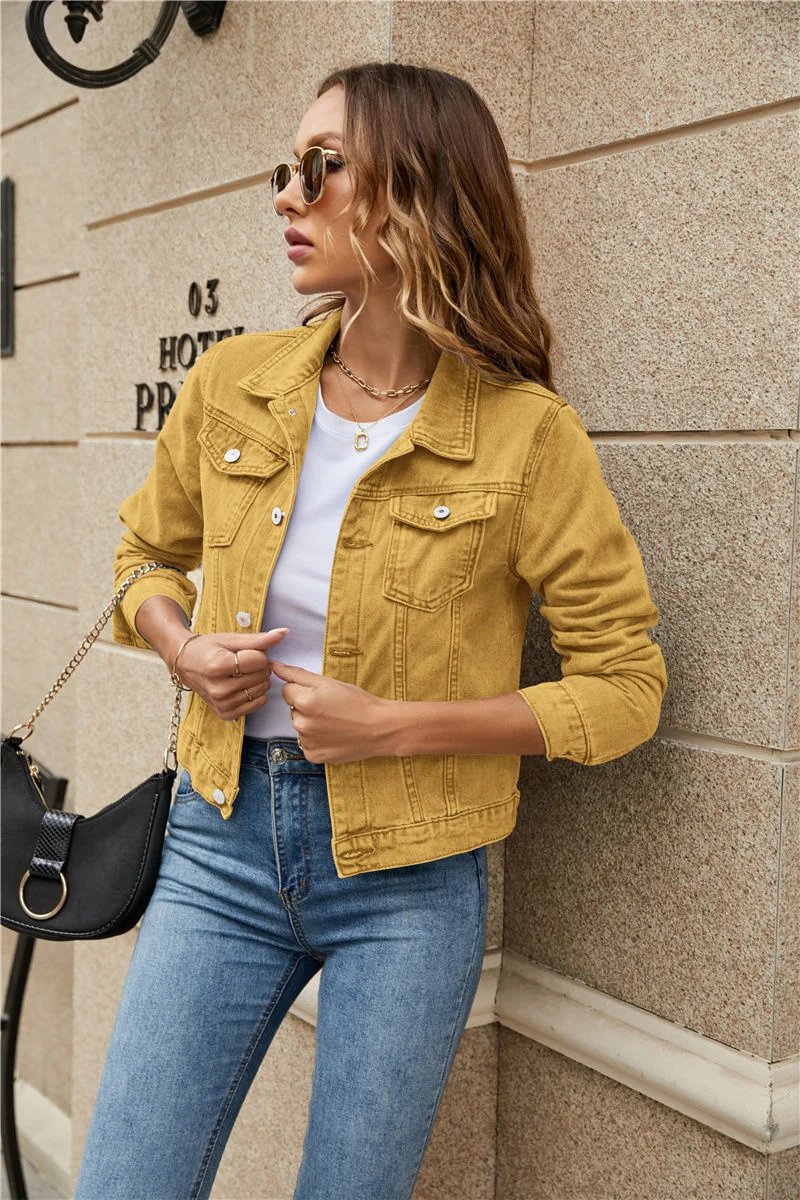 2023 Women Short Denim Jackets Fashion Female Casual Long Sleeve Lapel Solid Button Pocket Slim Jean Jacket Fall Winter Coat