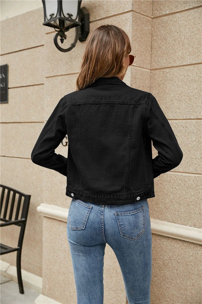 2023 Women Short Denim Jackets Fashion Female Casual Long Sleeve Lapel Solid Button Pocket Slim Jean Jacket Fall Winter Coat