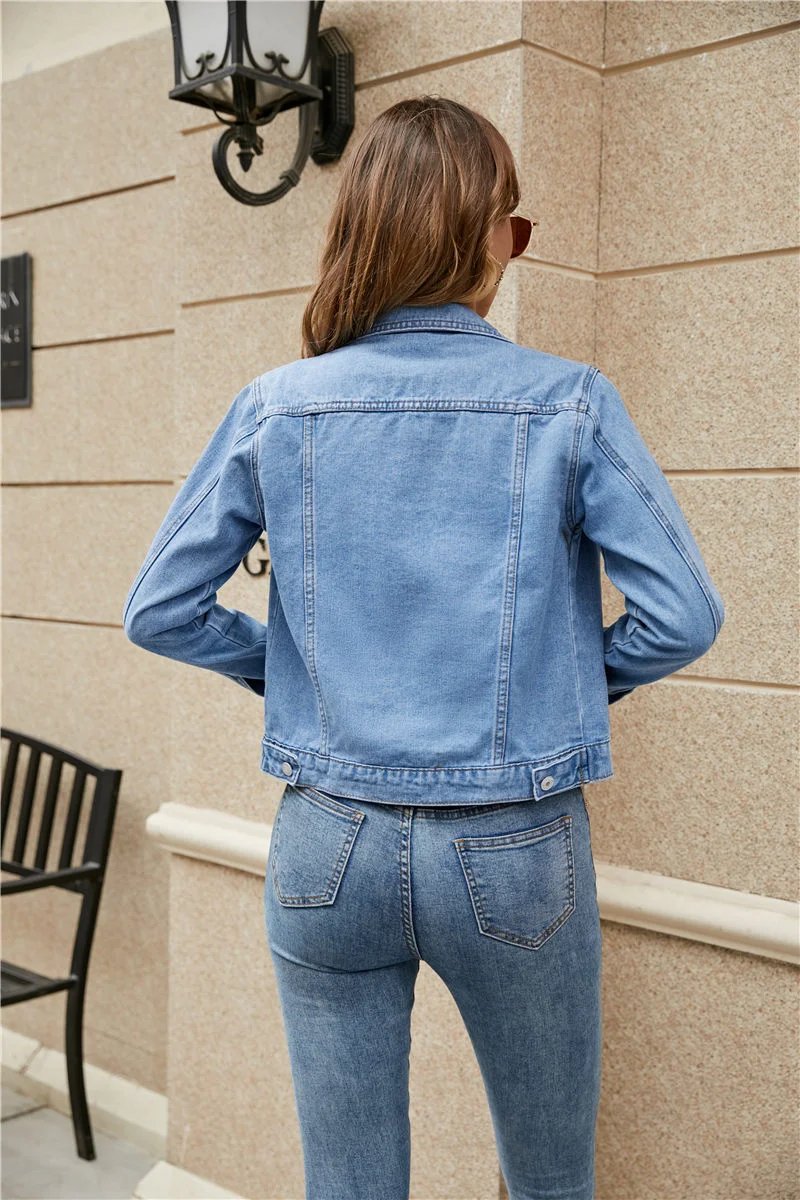 2023 Women Short Denim Jackets Fashion Female Casual Long Sleeve Lapel Solid Button Pocket Slim Jean Jacket Fall Winter Coat