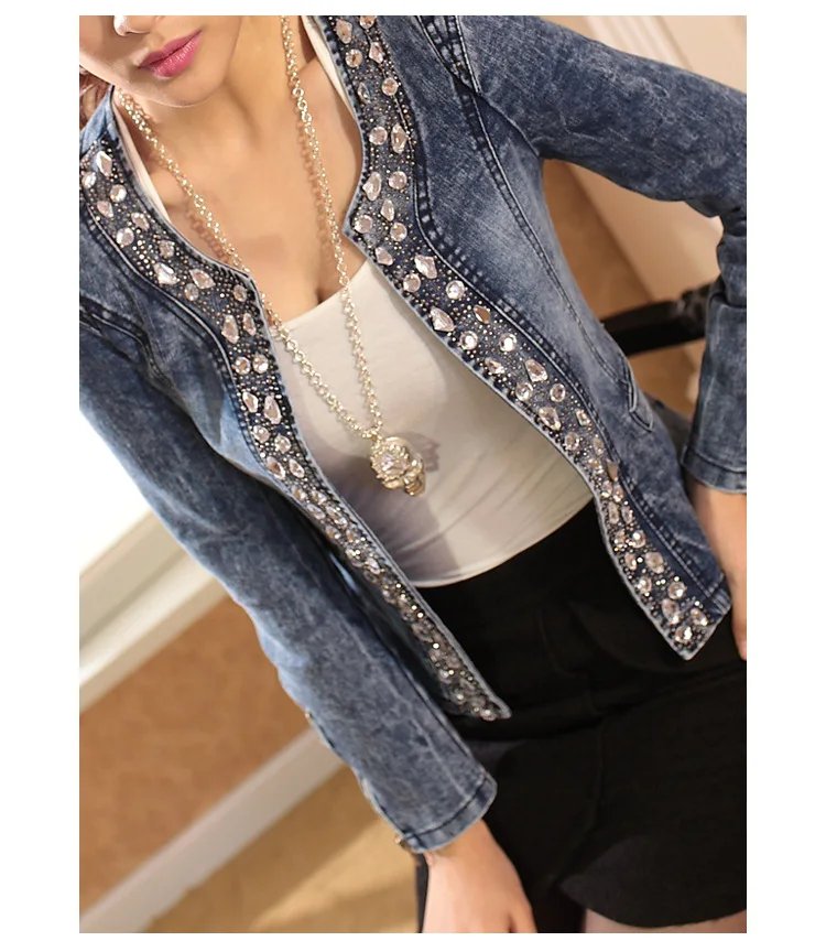 Spring Fashion Women Denim Jacket Slim Zipper Casual Short Sequins Outerwear Ladies Vintage Biker Crystal Chaqueta Mujer A237