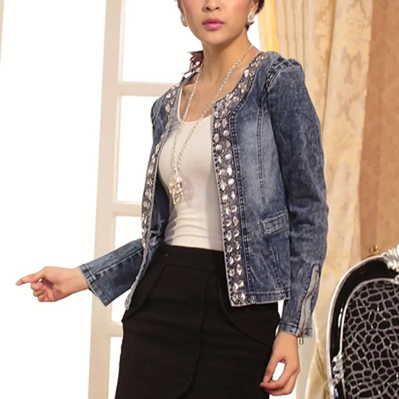 Spring Fashion Women Denim Jacket Slim Zipper Casual Short Sequins Outerwear Ladies Vintage Biker Crystal Chaqueta Mujer A237