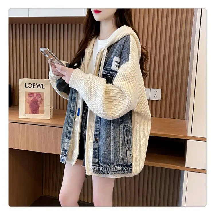 Denim Patchwork Hooded Sweater Women 2024 New Autumn Winter Korean Knitted Jacket Chic Jersey Cardigan Loose Clothes Outerwear