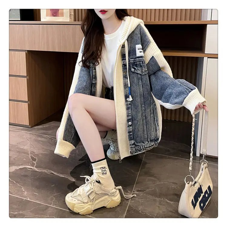 Denim Patchwork Hooded Sweater Women 2024 New Autumn Winter Korean Knitted Jacket Chic Jersey Cardigan Loose Clothes Outerwear