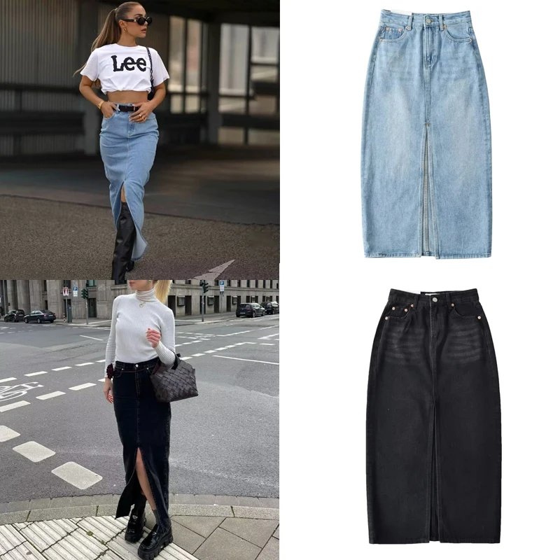 BKQU New Front Slit Denim Skirts Women 2023 Casual High Waist Office Lady Long Skirt Streetwear Blue Frayed Raw Hem Jean Skirt