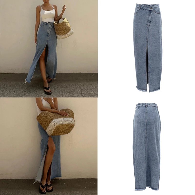 BKQU New Front Slit Denim Skirts Women 2023 Casual High Waist Office Lady Long Skirt Streetwear Blue Frayed Raw Hem Jean Skirt