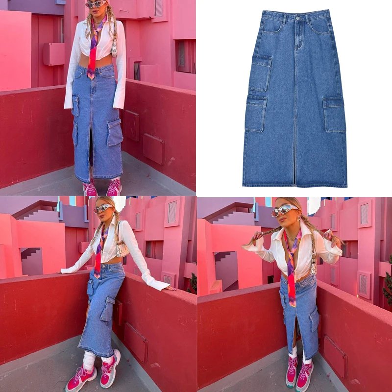 BKQU New Front Slit Denim Skirts Women 2023 Casual High Waist Office Lady Long Skirt Streetwear Blue Frayed Raw Hem Jean Skirt