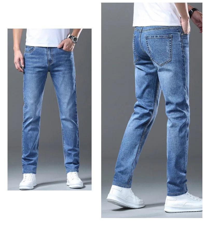 2024 Summer Men's High Quality Thin Blue Slim Jeans Classic Style Business Straight Stretch Denim Pants Male Brand Trousers