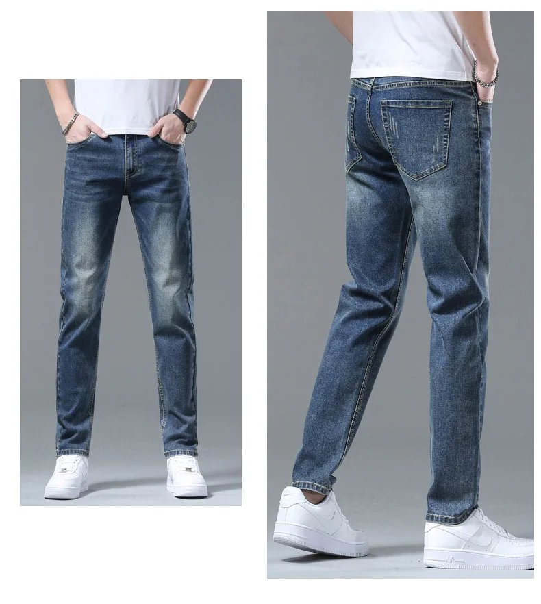 2024 Summer Men's High Quality Thin Blue Slim Jeans Classic Style Business Straight Stretch Denim Pants Male Brand Trousers