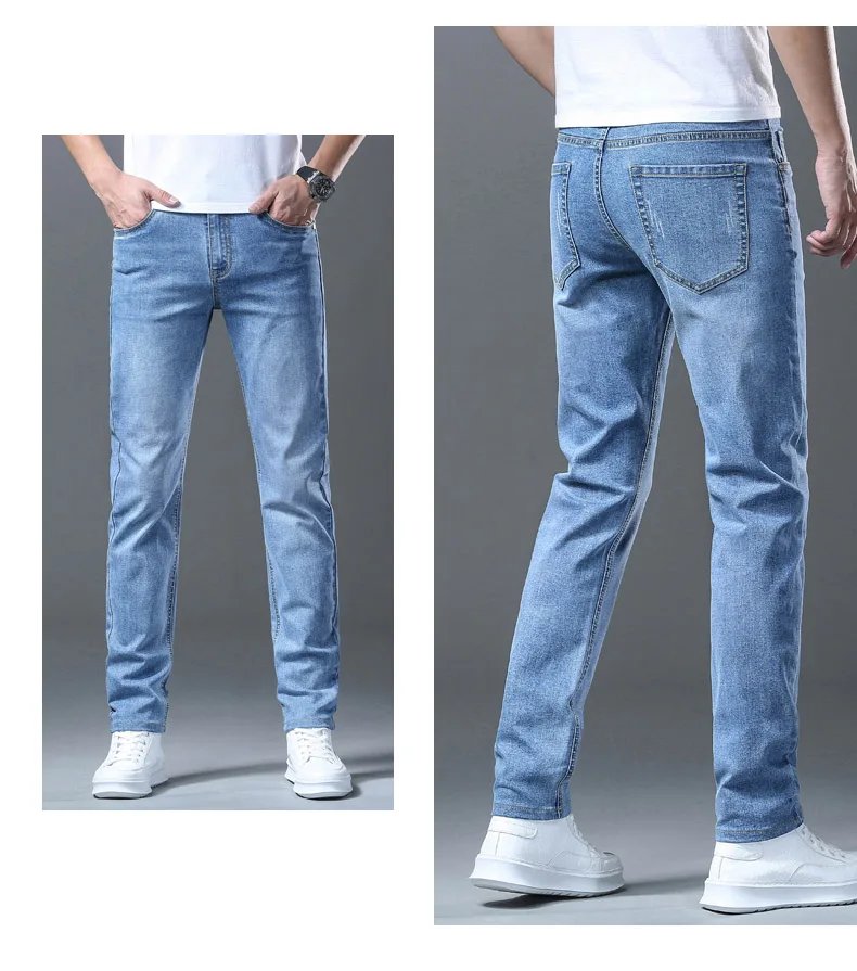 2024 Summer Men's High Quality Thin Blue Slim Jeans Classic Style Business Straight Stretch Denim Pants Male Brand Trousers