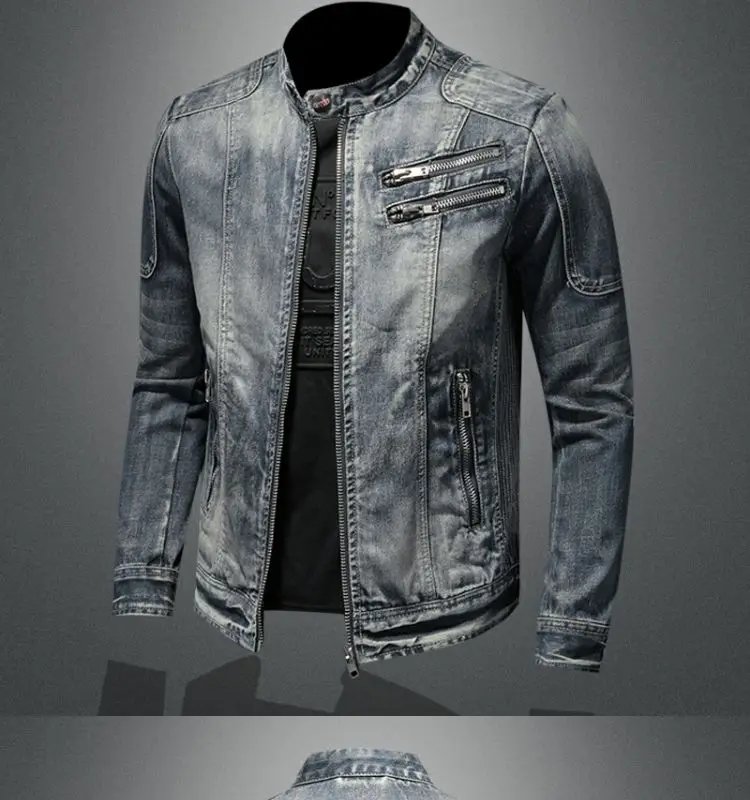 2023 new men's denim jacket trendy retro fashion casual stand-up collar zipper jacket handsome riding biker clothing denim tops