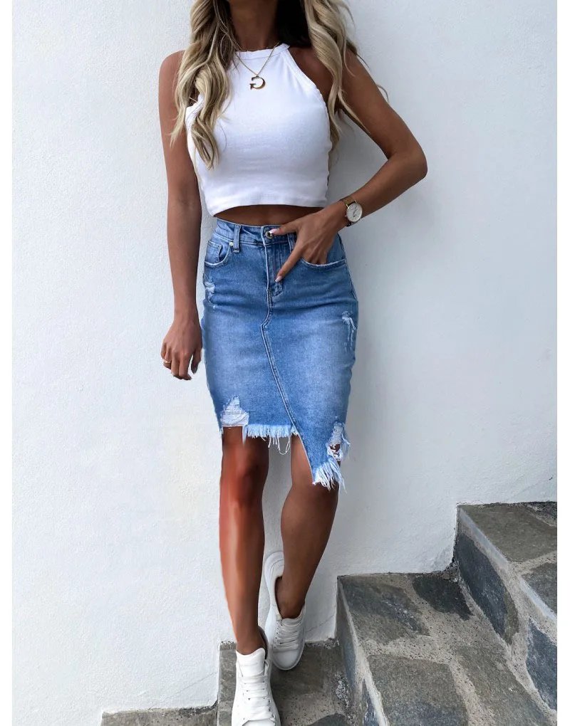 2022 Summer New Ripped Irregular Denim Skirts For Women Fashion Street Hipster Pack Hip Mini Jeans Skirts S-2XL Drop Shipping