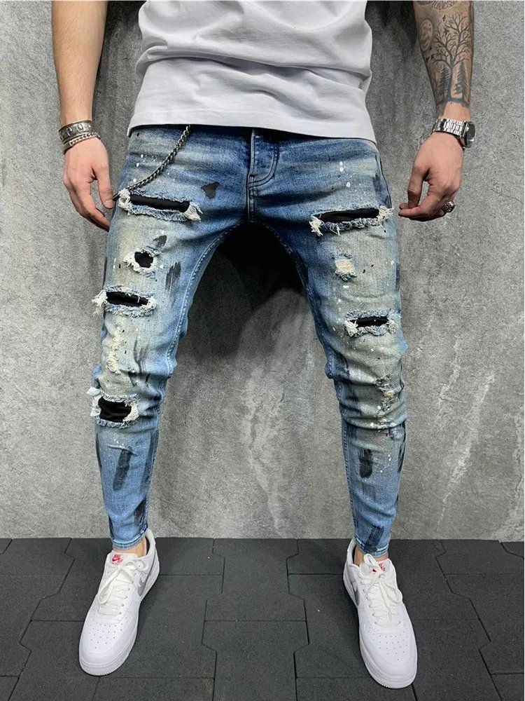 Blue Skinny Jeans for Men ​Painted Stretch Slim Fit Ripped Distressed Pleated Knee Patch Denim Pants Brand Casual Trouser Male