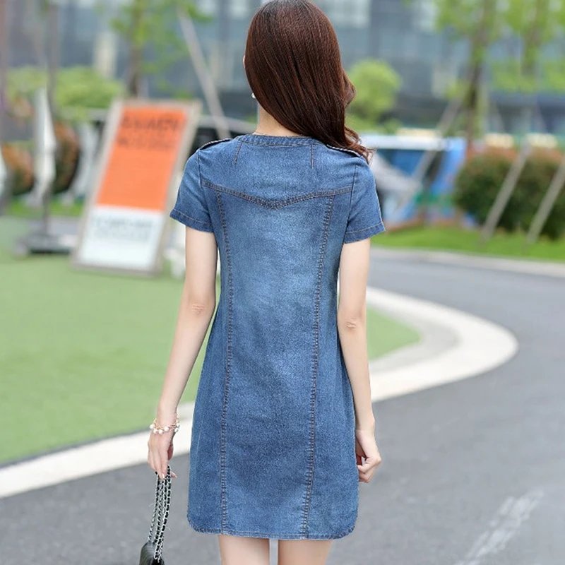 Plus Size 5XL Summer Style Denim Dresses Women V-Neck Short Sleeve Slim Jeans Dress With Pockets Vestidos Women Clothing