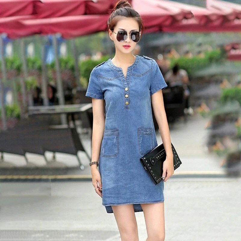 Plus Size 5XL Summer Style Denim Dresses Women V-Neck Short Sleeve Slim Jeans Dress With Pockets Vestidos Women Clothing