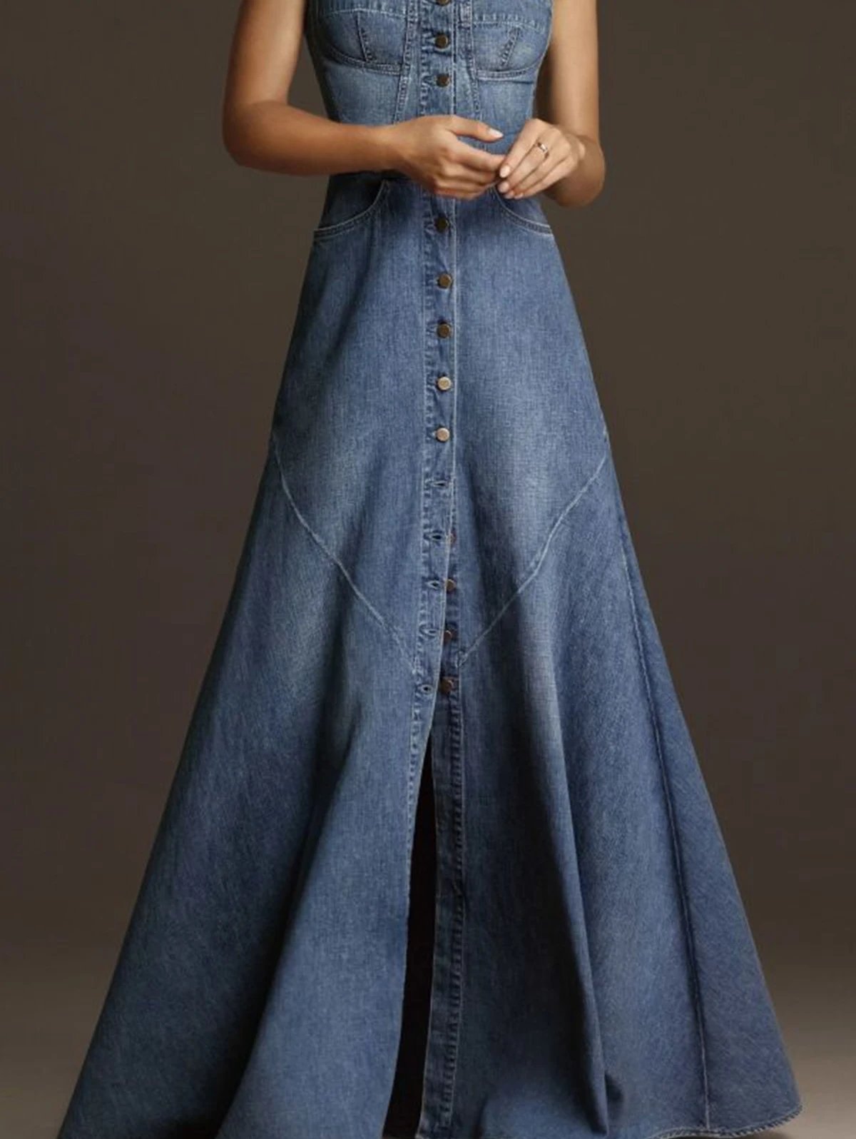 Fashion Women Denim Tank Dress Vintage Square Collar Waisted Sundress 2023 Summer Buttons Maxi Dress Holiday Solid Robes