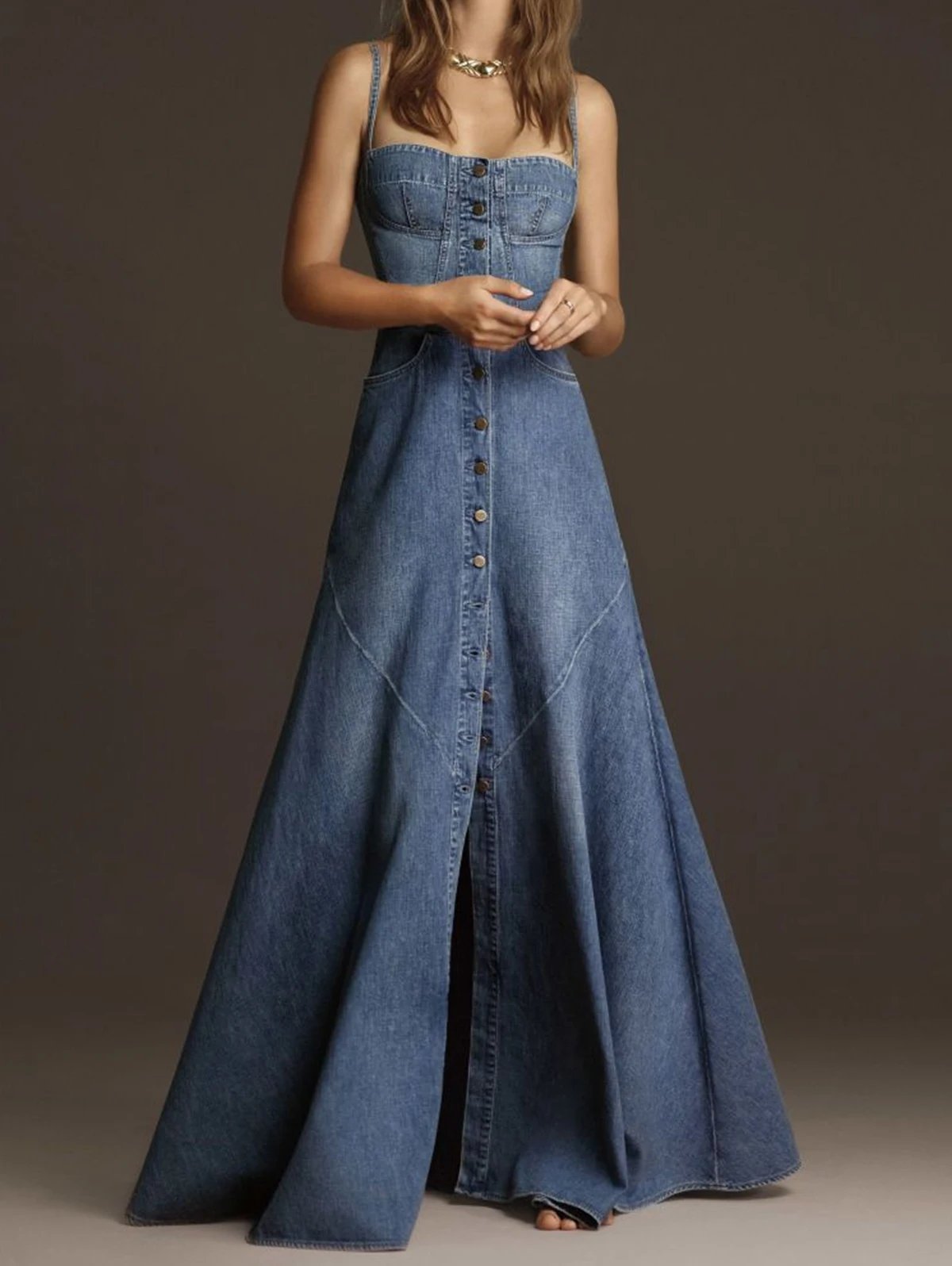 Fashion Women Denim Tank Dress Vintage Square Collar Waisted Sundress 2023 Summer Buttons Maxi Dress Holiday Solid Robes