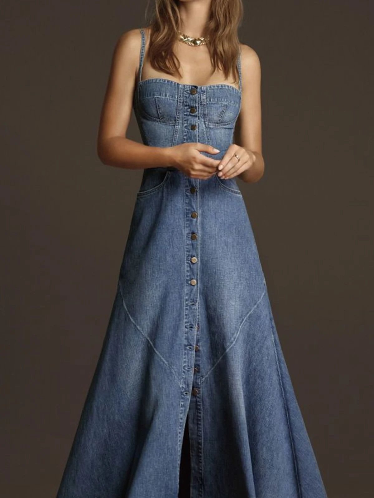 Fashion Women Denim Tank Dress Vintage Square Collar Waisted Sundress 2023 Summer Buttons Maxi Dress Holiday Solid Robes