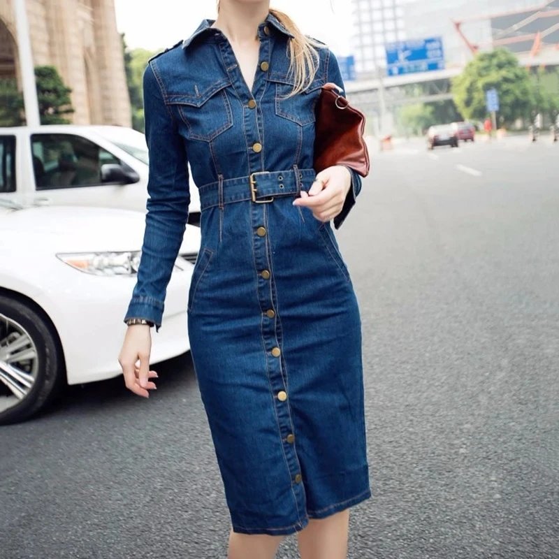 Autumn New Chic Women Jeans Dresses Fashion Solid Single Bresated Long Sleeve Belt Office Ladies Casual Elegant Slim Dress