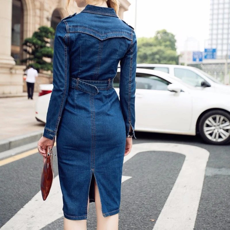 Autumn New Chic Women Jeans Dresses Fashion Solid Single Bresated Long Sleeve Belt Office Ladies Casual Elegant Slim Dress